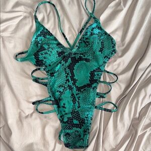 Green Snake Print Strappy Swimsuit